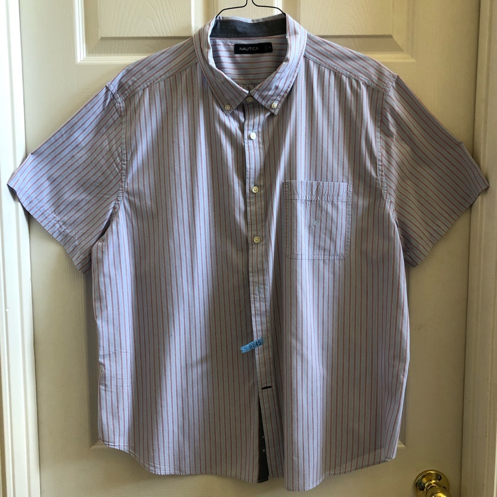 Nautica Men’s Striped Button-Up Shirt. Blue w Red